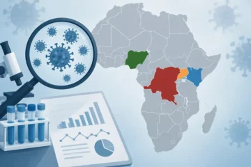 Ilustracja redakcyjna: schematyczna mapa Afryki z zaznaczonymi Nigerią, Ugandą, Kenią i DR Konga oraz symbolem analizy epidemiologicznej.