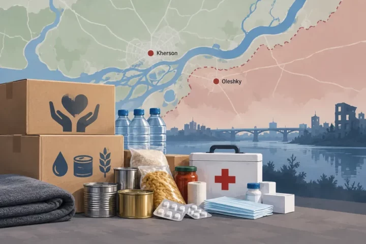 Ilustracja koncepcyjna pomocy humanitarnej: paczki z żywnością, wodą i środkami medycznymi na tle uproszczonej mapy okolic Oleszek i Chersonia.