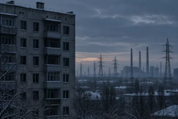 Ilustracja redakcyjna: ciemne okna ukraińskiego bloku zimą, w tle sylwetka infrastruktury energetycznej w chłodnych odcieniach szarości i błękitu.