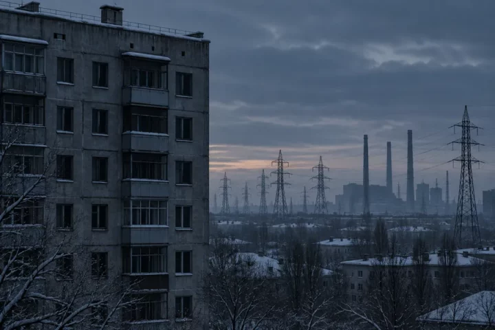 Ilustracja redakcyjna: ciemne okna ukraińskiego bloku zimą, w tle sylwetka infrastruktury energetycznej w chłodnych odcieniach szarości i błękitu.