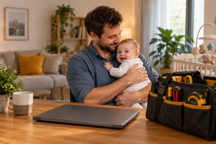 Ilustracja redakcyjna: ojciec z niemowlęciem w domu, obok zamknięty laptop i torba narzędziowa symbolizujące samozatrudnienie.