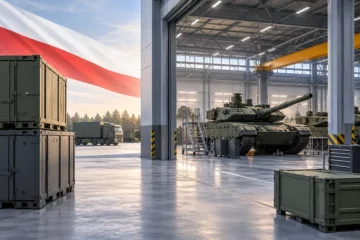 Koncepcyjna ilustracja hali serwisowej przemysłu obronnego z kontenerami i motywem polskiej flagi, nieprzedstawiająca istniejącego centrum.