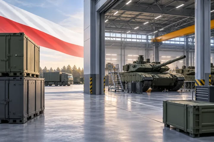 Koncepcyjna ilustracja hali serwisowej przemysłu obronnego z kontenerami i motywem polskiej flagi, nieprzedstawiająca istniejącego centrum.