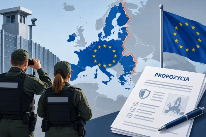 Ilustracja koncepcyjna: mapa zewnętrznych granic UE, sylwetki funkcjonariuszy i dokument z napisem „PROPOZYCJA”.