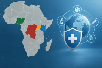 Ilustracja koncepcyjna: mapa Afryki z zaznaczonymi DR Konga, Ugandą, Kenią i Nigerią oraz symbolem międzynarodowej gotowości sanitarnej.