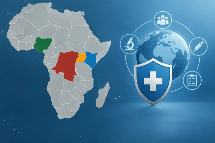 Ilustracja koncepcyjna: mapa Afryki z zaznaczonymi DR Konga, Ugandą, Kenią i Nigerią oraz symbolem międzynarodowej gotowości sanitarnej.