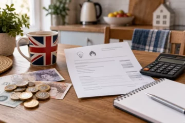 Ilustracja redakcyjna budżetu domowego w UK: rachunek za energię, funty, kalkulator i notes na kuchennym stole.