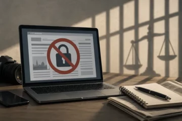 Ilustracja koncepcyjna: laptop z symbolem zablokowanej strony, notatnik dziennikarski i cień kraty, nawiązujące do ograniczania wolności prasy.