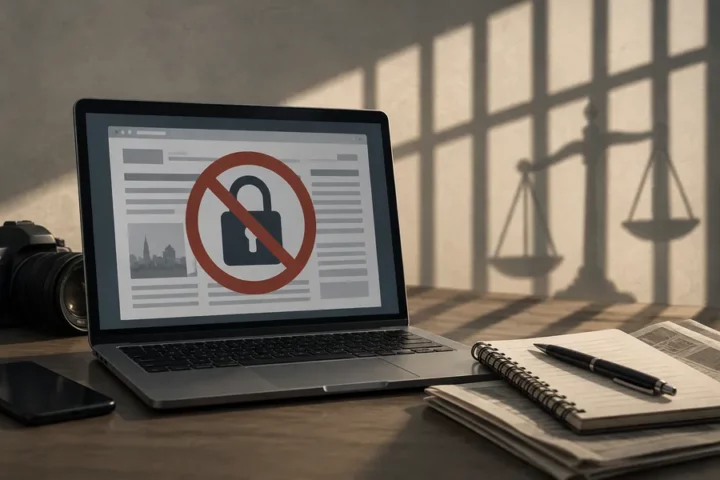 Ilustracja koncepcyjna: laptop z symbolem zablokowanej strony, notatnik dziennikarski i cień kraty, nawiązujące do ograniczania wolności prasy.
