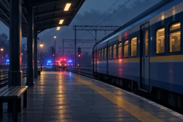 Ilustracja redakcyjna pustego peronu z pociągiem i światłami służb w oddali, niebędąca dokumentacją ataku w Dnieprze.