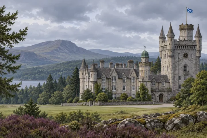 Editorial illustration of Balmoral Castle in the Scottish landscape on an overcast day, with no people or signs of police activity.