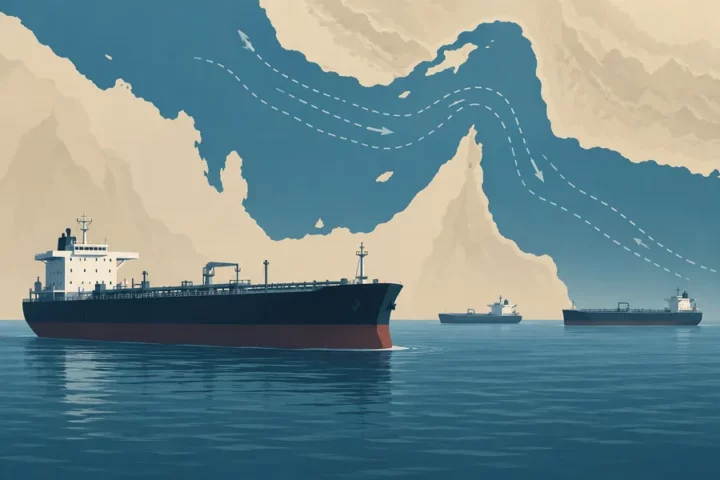 Ilustracja redakcyjna przedstawiająca sylwetki tankowców na tle schematycznej mapy cieśniny Ormuz, bez oznaczeń konkretnych jednostek.