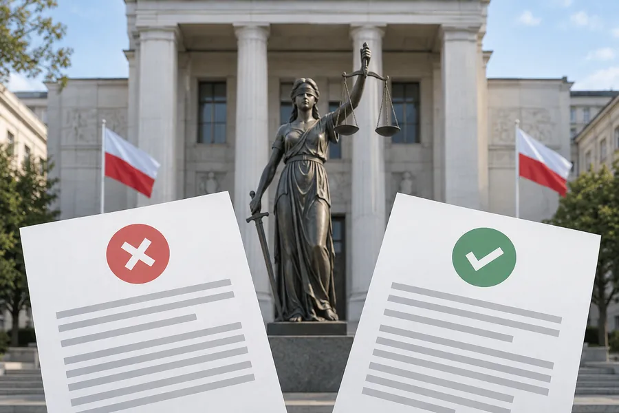 Ilustracja redakcyjna: fasada instytucji sądowniczej i dwa dokumenty bez czytelnego tekstu, symbolizujące sprzeczne komunikaty.