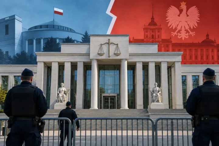 Conceptual editorial illustration of a court building, barriers and police silhouettes; not a depiction of actual events outside Poland’s Constitutional Tribunal.