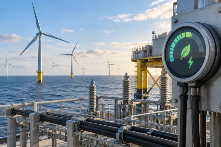 Conceptual editorial illustration of an offshore wind farm off the British coast, with electricity transmission infrastructure and a symbolic energy meter.