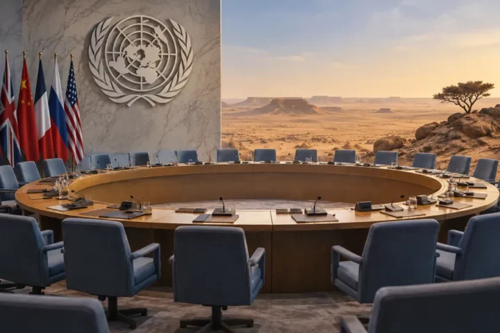 Conceptual editorial illustration combining the UN Security Council chamber with a Western Sahara desert landscape to represent diplomatic deadlock.