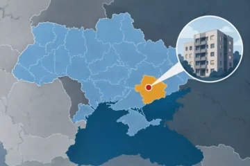 Ilustracja redakcyjna: uproszczona mapa Ukrainy z zaznaczonym Zaporożem i symbolem budynku mieszkalnego.
