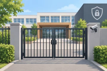 Ilustracja redakcyjna przedstawiająca anonimowe wejście do placówki edukacyjnej z zamkniętą bramą, nie fotografię miejsca ataku.
