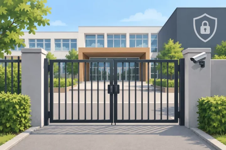 Ilustracja redakcyjna przedstawiająca anonimowe wejście do placówki edukacyjnej z zamkniętą bramą, nie fotografię miejsca ataku.