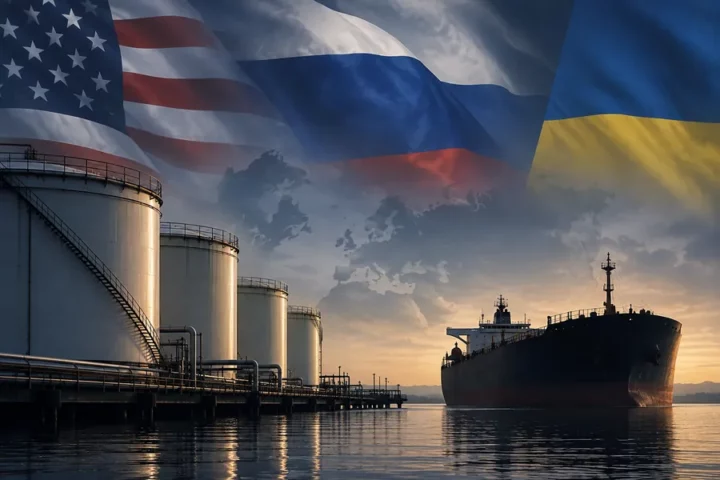 Koncepcyjna ilustracja redakcyjna: zbiorniki paliwowe i sylwetka tankowca na tle motywów flag USA, Rosji i Ukrainy; nie przedstawia rzeczywistej dostawy.