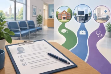 Ilustracja redakcyjna: symboliczna poczekalnia, dokument oceny diagnostycznej i ścieżki wsparcia w szkole, pracy oraz opiece zdrowotnej.