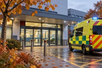 Ilustracja redakcyjna przedstawiająca wejście do angielskiego oddziału A&E i ambulans przed szpitalem w jesiennej scenerii.