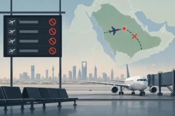 Ilustracja redakcyjna: sylwetki terminalu i samolotu na tle mapy Arabii Saudyjskiej z zaznaczonym Rijadem, symbolizujące przerwę w ruchu lotniczym.
