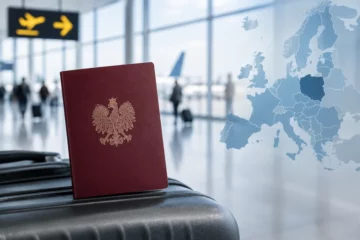 Ilustracja redakcyjna: zamknięty polski paszport na tle neutralnej hali odlotów z dyskretnym motywem mapy Europy.