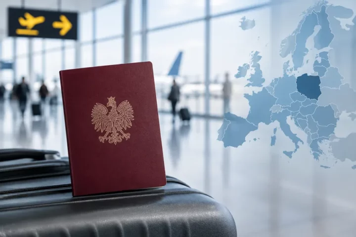 Ilustracja redakcyjna: zamknięty polski paszport na tle neutralnej hali odlotów z dyskretnym motywem mapy Europy.