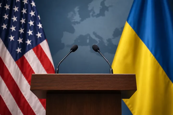 Koncepcyjna ilustracja redakcyjna: mównica i mikrofony na tle symbolicznych barw USA i Ukrainy.