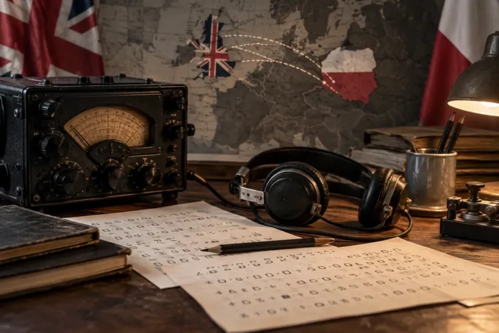 Ilustracja redakcyjna polsko-brytyjskiej współpracy kryptologicznej: historyczne radio, słuchawki i kartki z abstrakcyjnymi ciągami znaków.
