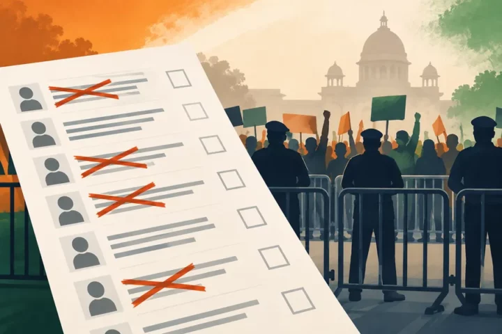 Ilustracja redakcyjna: symboliczna lista wyborców z przekreślonymi wierszami, sylwetki demonstrantów i policyjne barierki w kolorach nawiązujących do Indii.
