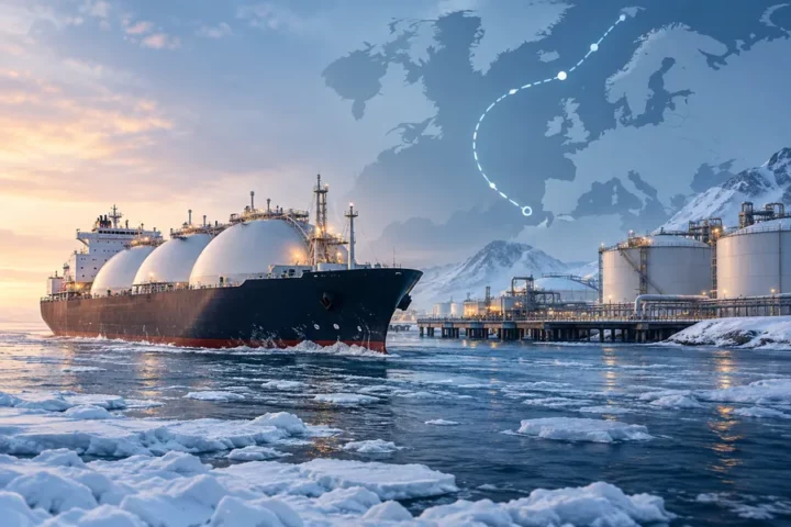 Conceptual illustration of an LNG carrier at an Arctic terminal, with industrial storage tanks and a route diagram towards Europe; it does not depict a specific shipment.