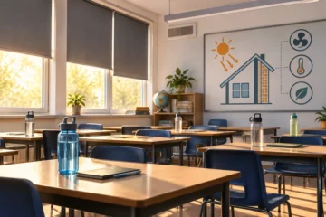 Editorial illustration of an empty classroom in summer sunshine, with window blinds and water bottles on desks; it does not depict a specific school.