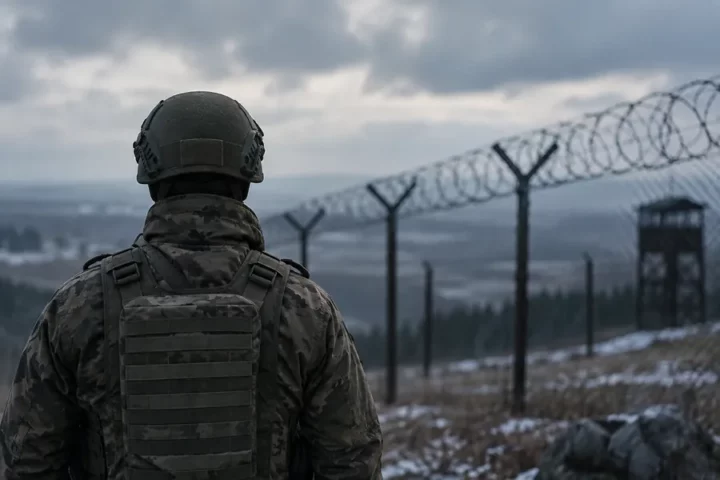 Symbolic editorial illustration of an anonymous military figure seen from behind, against a blurred fence and a bleak landscape.