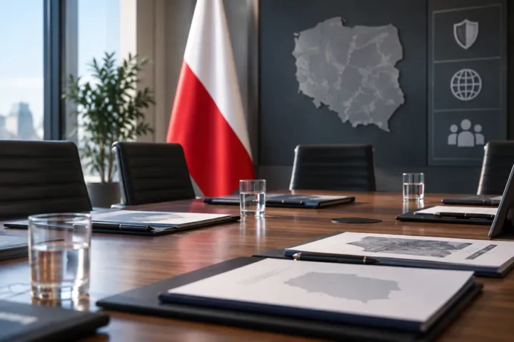Editorial illustration of a conference table with documents and a Polish flag in the background, symbolising a security meeting rather than depicting the actual event.
