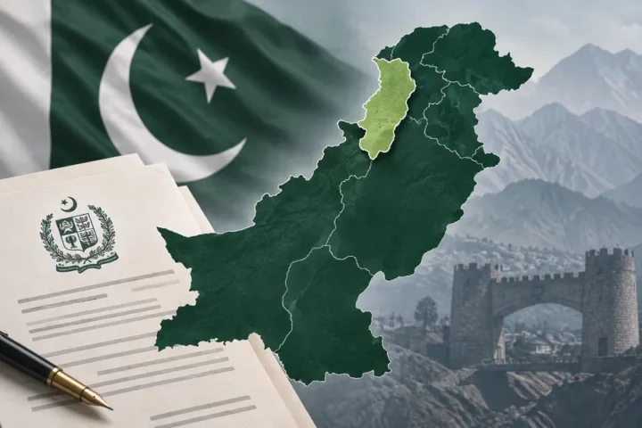 Ilustracja redakcyjna: kontur Pakistanu z wyróżnioną prowincją Chajber Pasztunchwa na tle motywów dokumentu urzędowego i pakistańskiej flagi.
