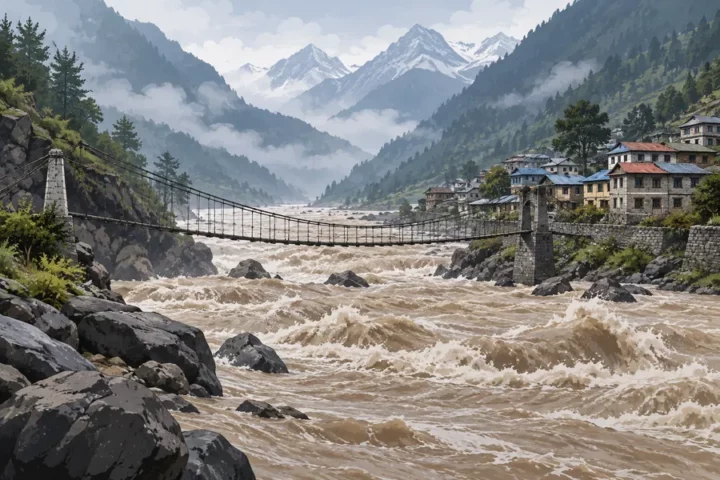 Editorial illustration of a swollen river in a Nepalese mountain valley, with buildings and a suspension bridge; not a photograph of the reported flood.