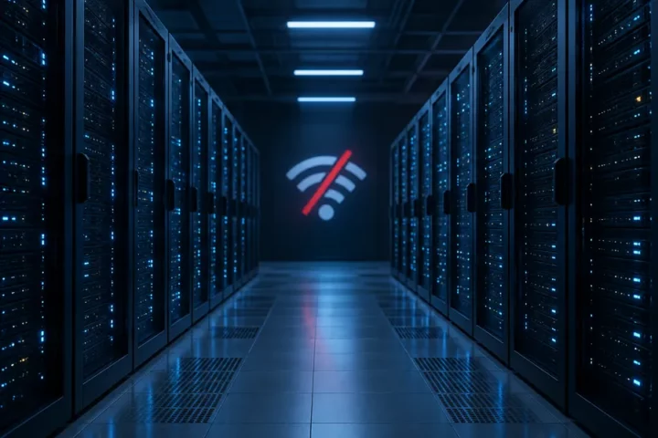 Editorial illustration of server racks in a dimly lit data centre with a disrupted-connectivity motif; not an image of the actual facility or attack.