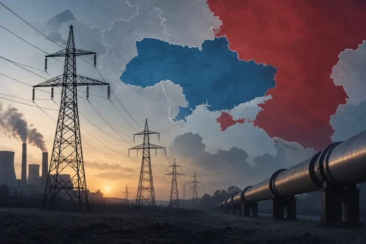 Editorial illustration of energy infrastructure and power lines against a simplified map of Ukraine and Russia, not a photograph of the event.