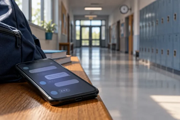 Symbolic editorial illustration of an empty school corridor and a smartphone with an unreadable interface; not an actual attack location.