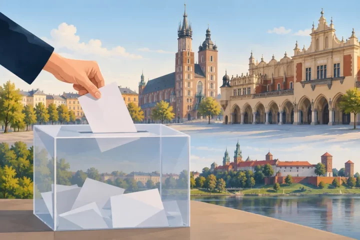 Ilustracja redakcyjna przedstawiająca urnę wyborczą na tle panoramy Krakowa, bez portretów kandydatów i symboli partyjnych.