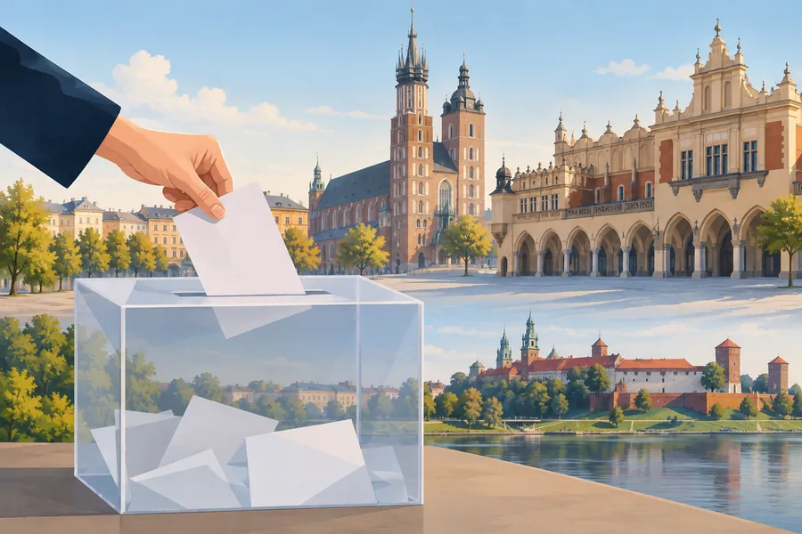 Ilustracja redakcyjna przedstawiająca urnę wyborczą na tle panoramy Krakowa, bez portretów kandydatów i symboli partyjnych.
