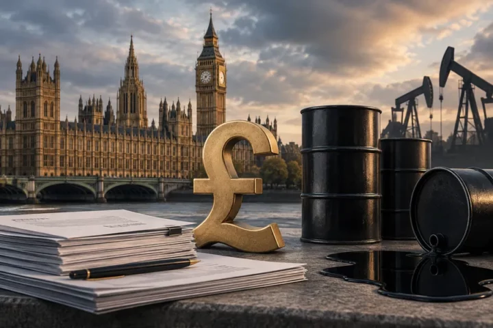 Koncepcyjna ilustracja presji na brytyjski budżet: Westminster, symbol funta, dokumenty budżetowe i abstrakcyjny motyw ropy naftowej.