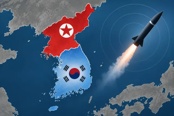 Ilustracja redakcyjna: mapa obu państw na Półwyspie Koreańskim, morze i symbol pocisku, bez wskazania rzeczywistej trajektorii lotu.
