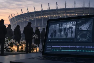 Ilustracja redakcyjna przedstawiająca zarys stadionu, sylwetki żałobników i ekran z abstrakcyjną osią analizy nagrań; nie jest fotografią wydarzeń.