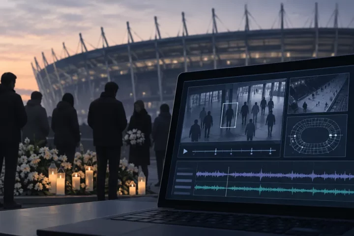 Ilustracja redakcyjna przedstawiająca zarys stadionu, sylwetki żałobników i ekran z abstrakcyjną osią analizy nagrań; nie jest fotografią wydarzeń.