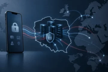 Ilustracja koncepcyjna smartfona i sieci serwerów z połączeniami wychodzącymi poza zarys Polski, symbolizująca ograniczoną kontrolę nad danymi.