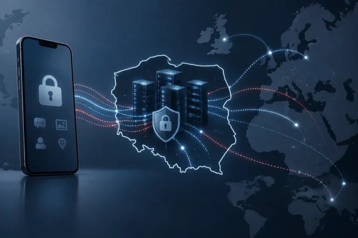 Ilustracja koncepcyjna smartfona i sieci serwerów z połączeniami wychodzącymi poza zarys Polski, symbolizująca ograniczoną kontrolę nad danymi.
