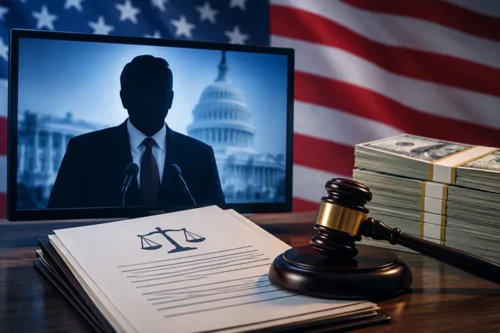 Ilustracja redakcyjna: ekran z sylwetką polityka, dokument sądowy i symbol publicznych pieniędzy na tle motywu flagi USA.